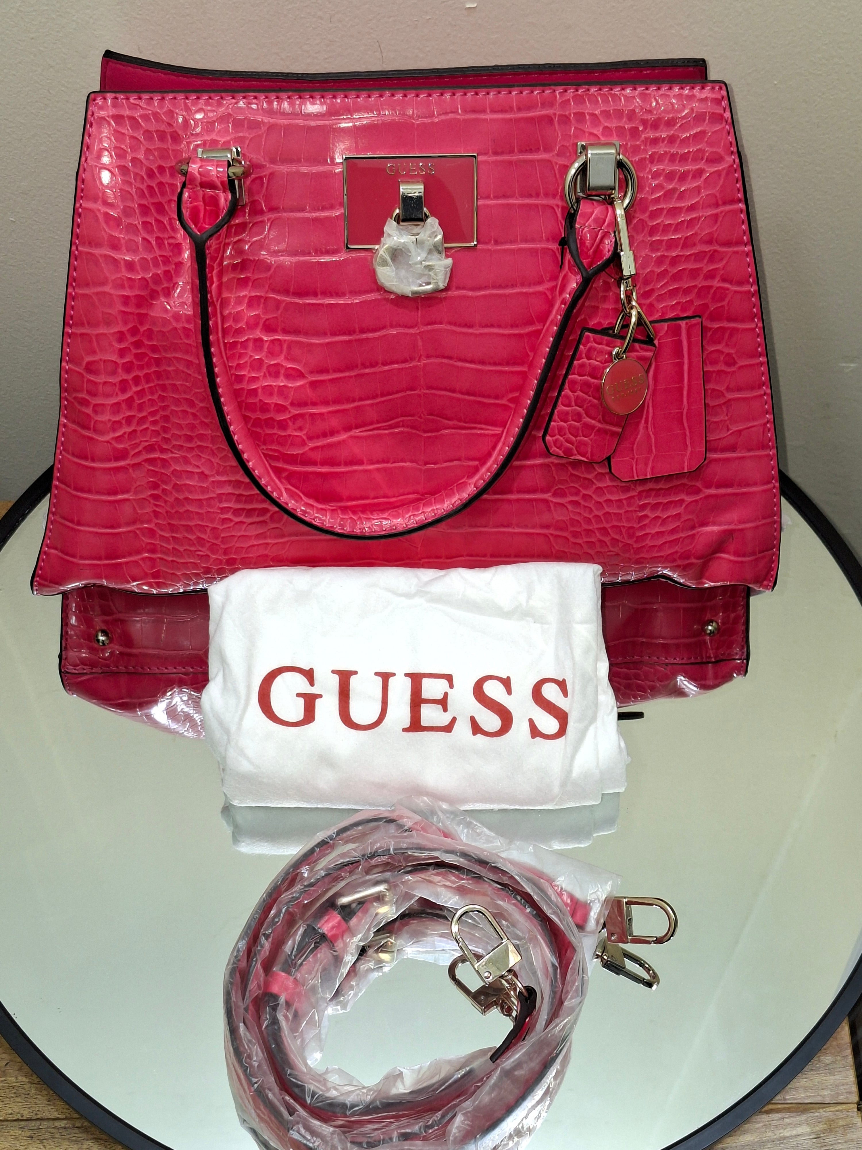 Guess Womens Stephi Girlfriend Satchel Handbag made of synthetic croc-embossed leather Hot pink