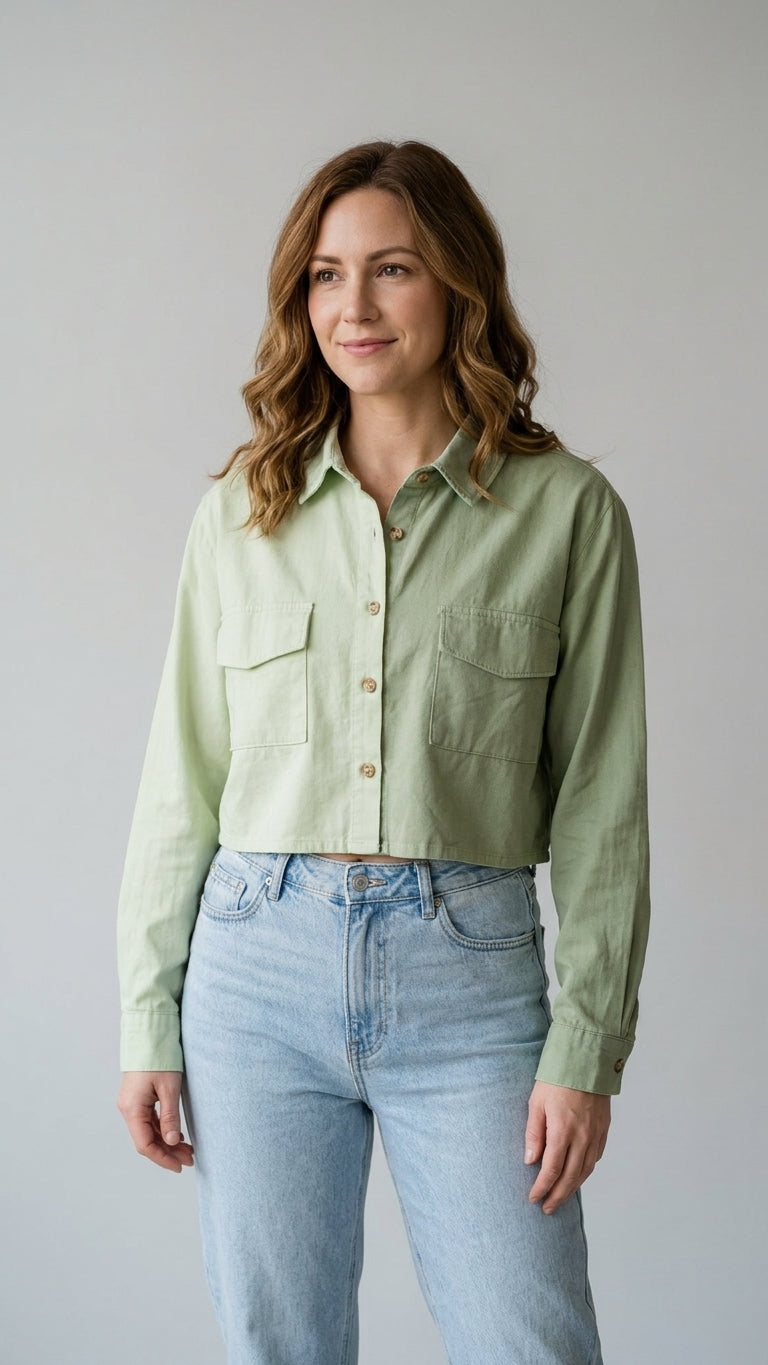 Forever 21 Two-Tone Cropped Button-Up Shirt in  half Green half olive green women