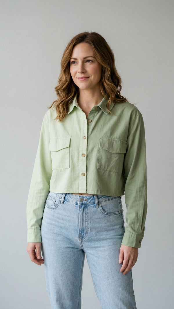 Forever 21 Two-Tone Cropped Button-Up Shirt in  half Green half olive green women