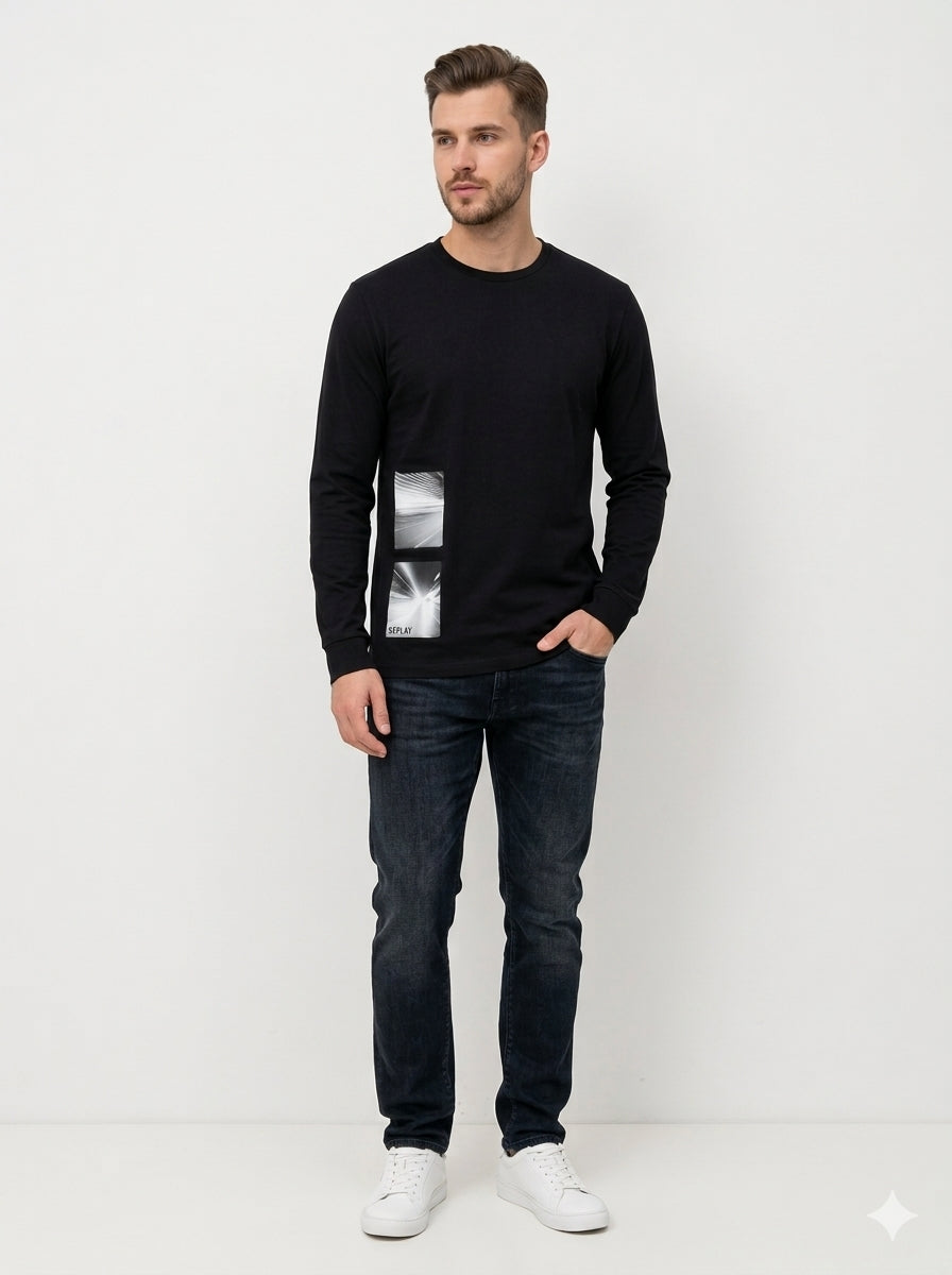 Replay Men's Graphic Print Crewneck Sweater – Black
