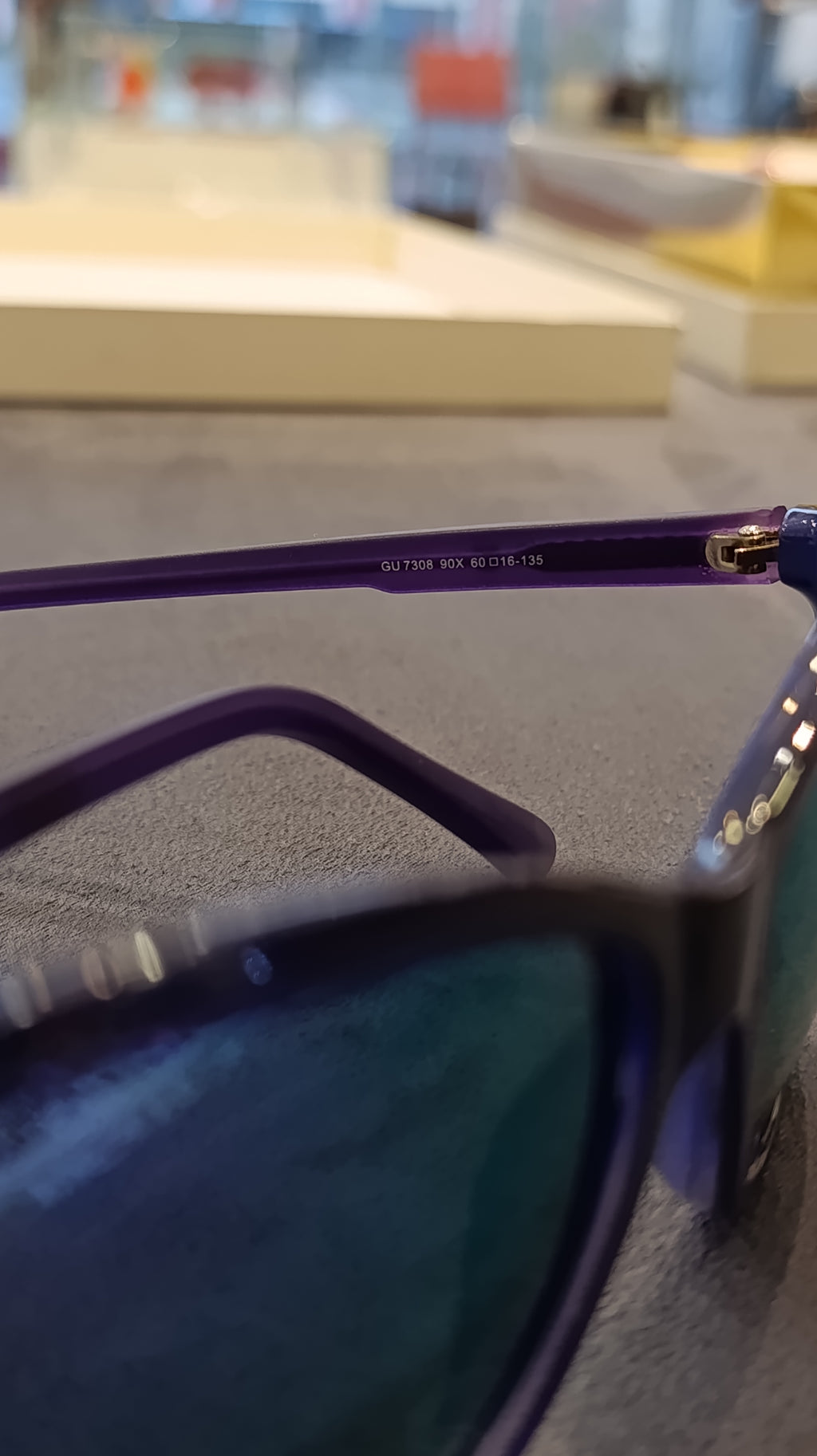 GUESS Square Sunglasses with Purple Temples and Blue Lenses
