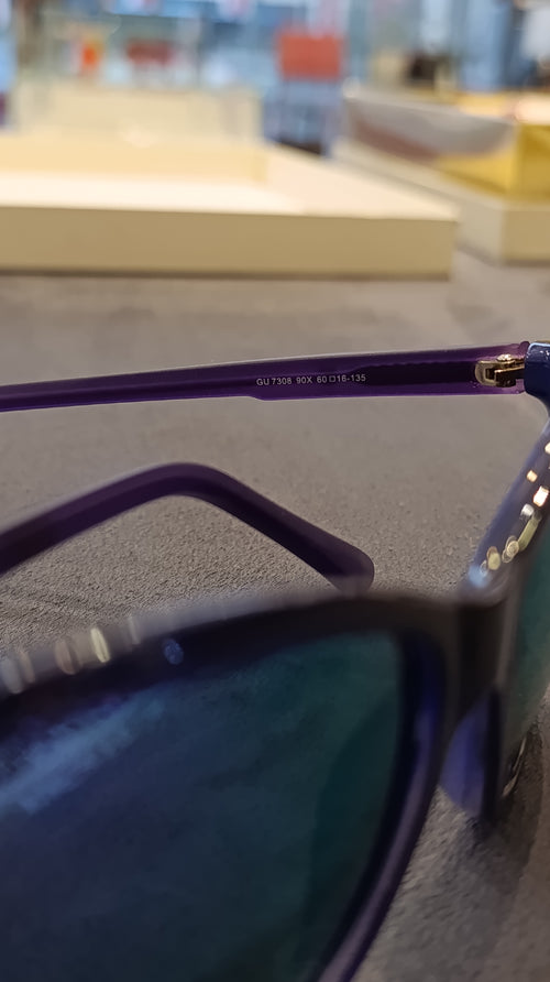 GUESS Square Sunglasses with Purple Temples and Blue Lenses
