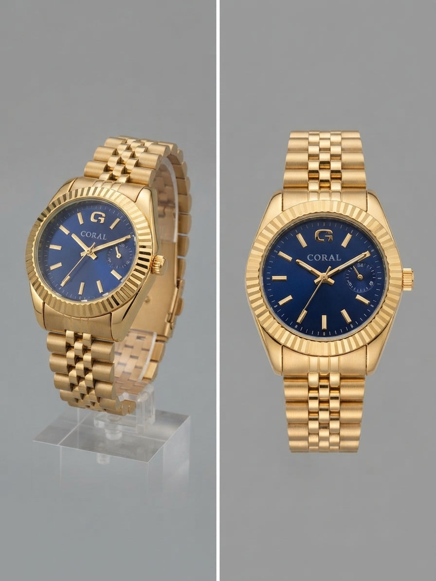 Coral women watch  gold classic watch with a jubilee bracelet.