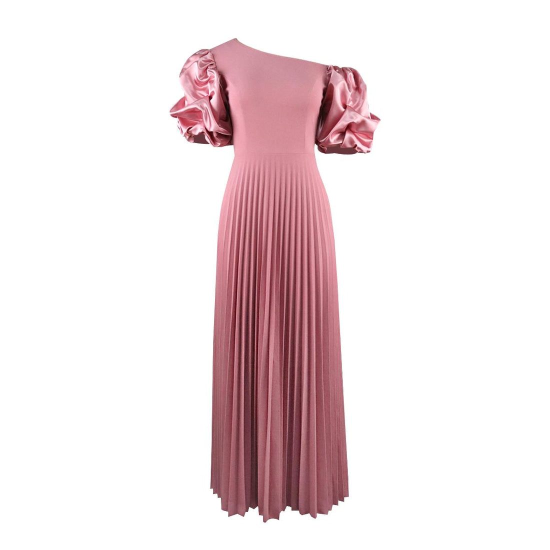 AOMEI Pink Pleated Dresses Short Puff Sleeve A Line Floor-Length Outfits