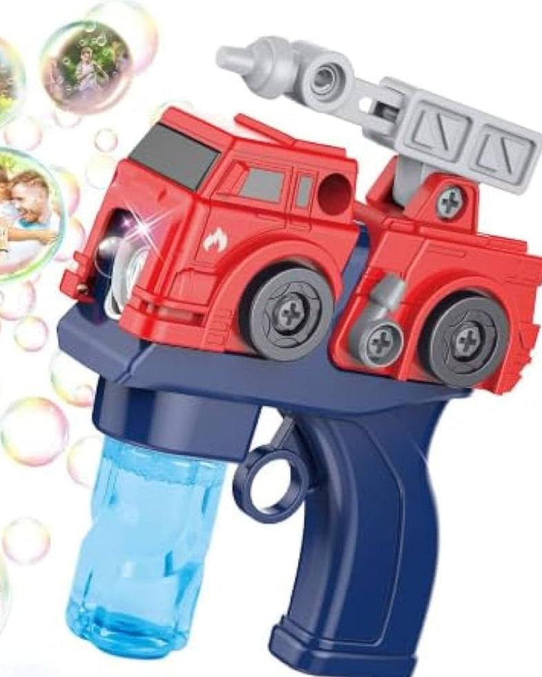 Toy bubble gun shaped like a fire truck with bubbles and photos in the background