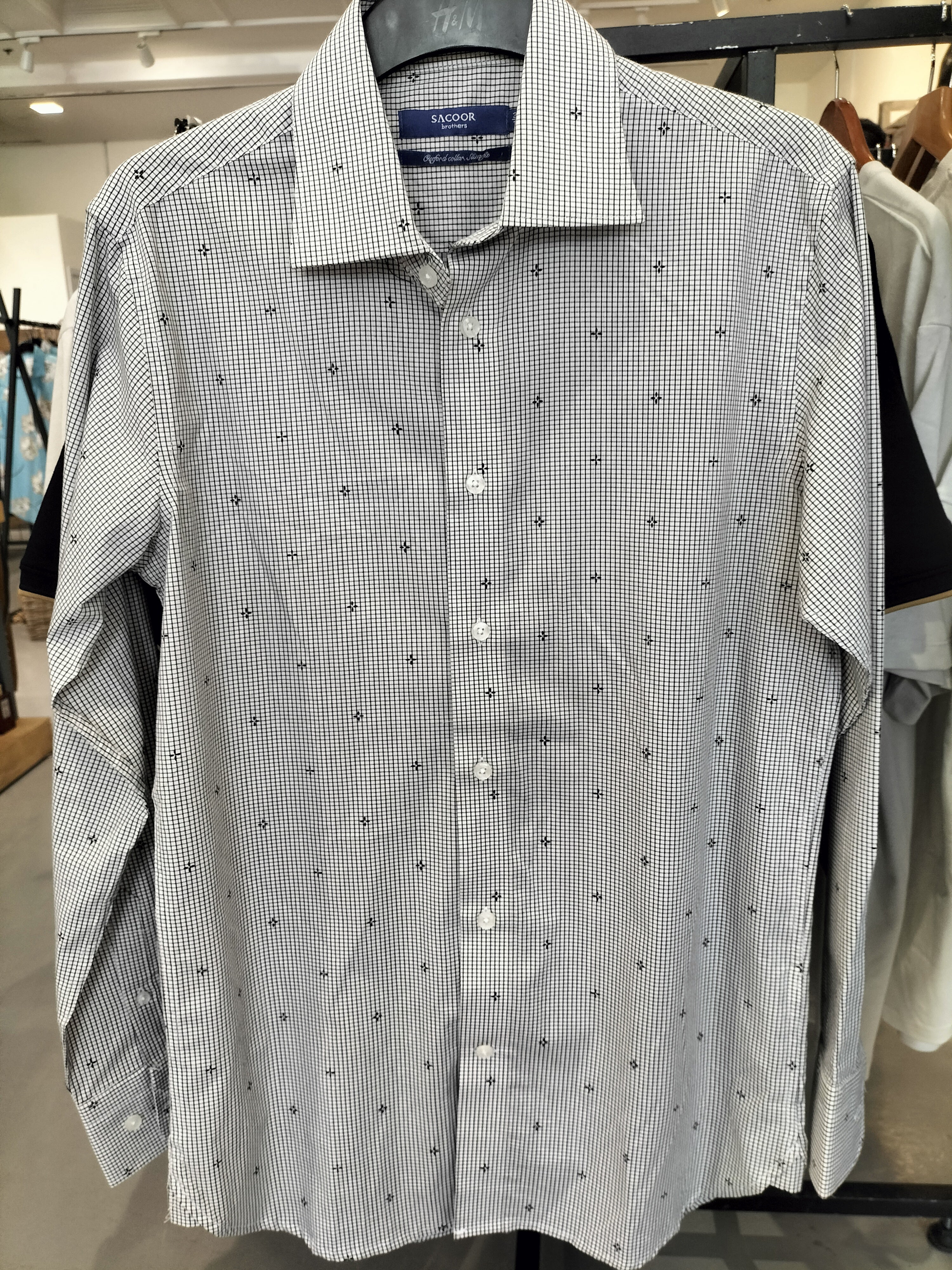 Sacoor Brothers Gray Slim Fit Dress Shirt with Grid Patterns and Flower Dots