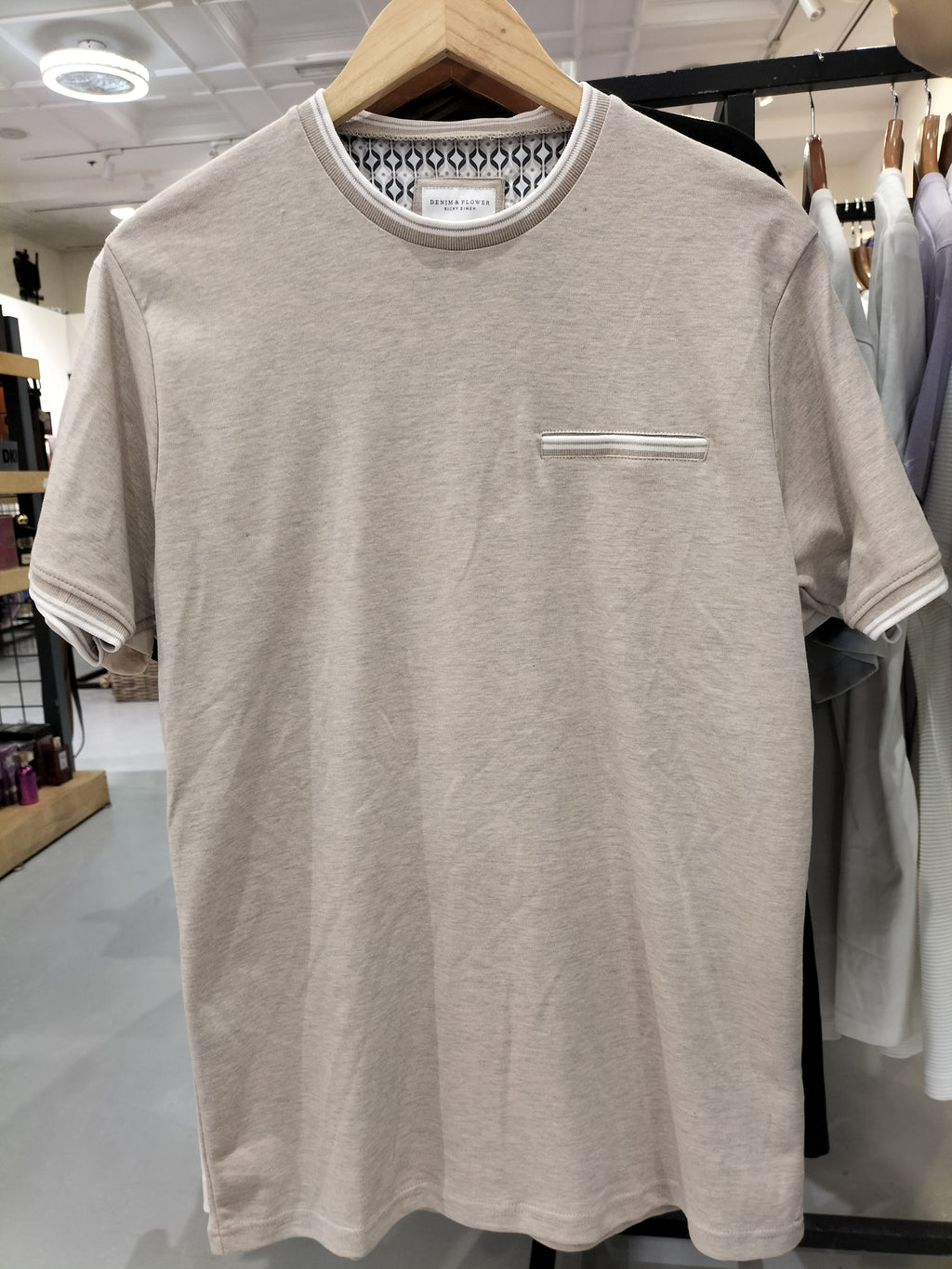 Denim & Flower Ricky Singh Beige T-Shirt with Chest White Line