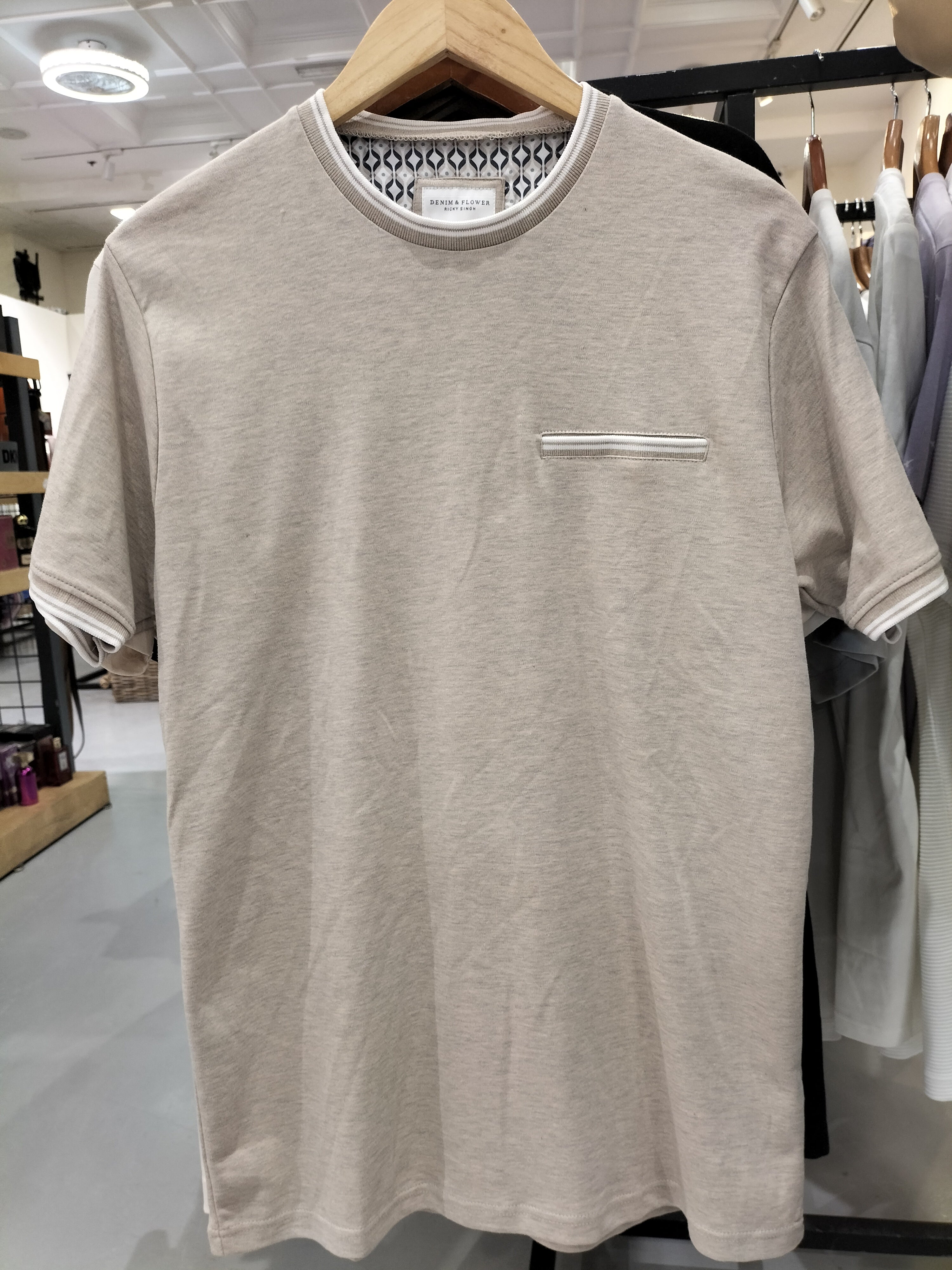 Denim & Flower Ricky Singh Beige T-Shirt with Chest White Line