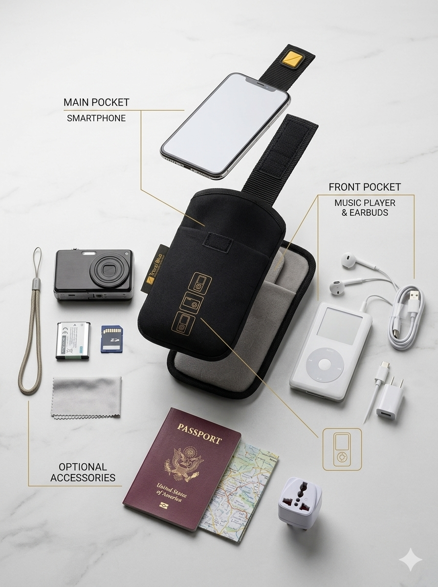 Black travel wallet with smartphone, music player, earbuds, passport, and other accessories on a light gray background.
