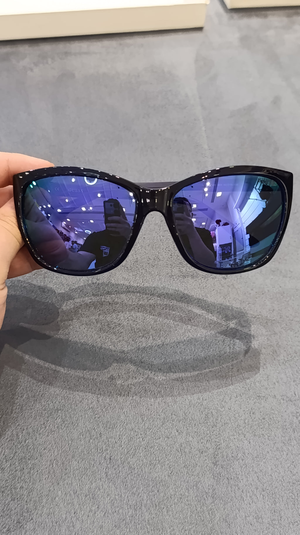 GUESS Square Sunglasses with Purple Temples and Blue Lenses