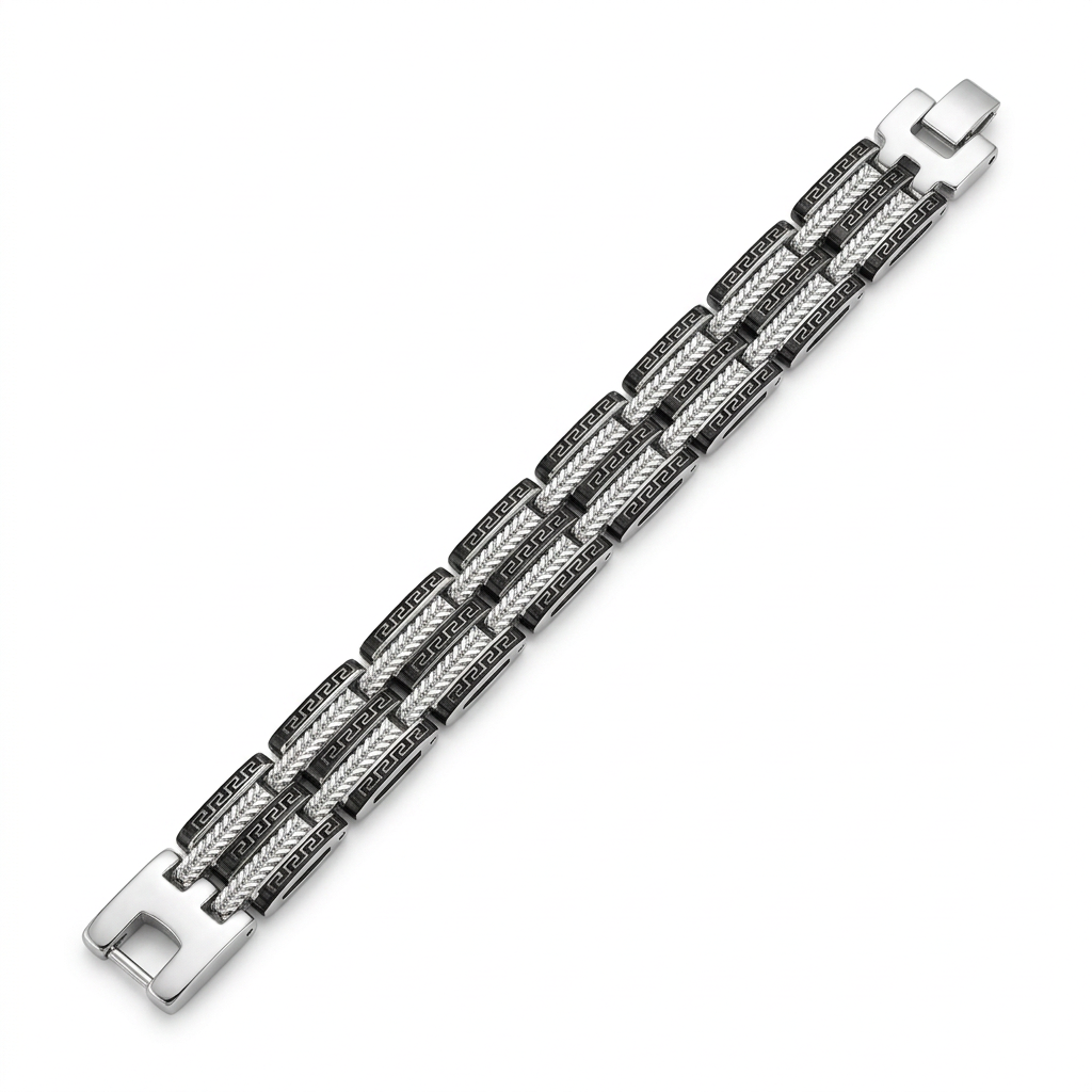 Silver-tone patterned bracelet on a white studio background