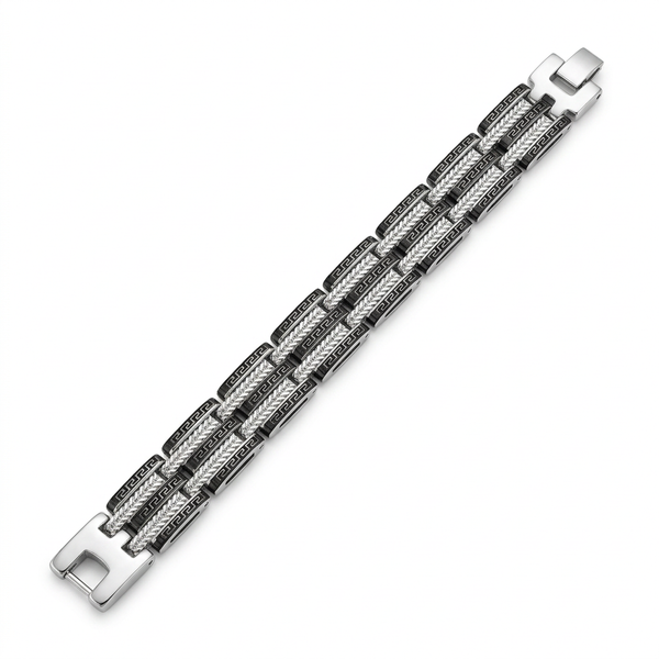 Silver-tone patterned bracelet on a white studio background