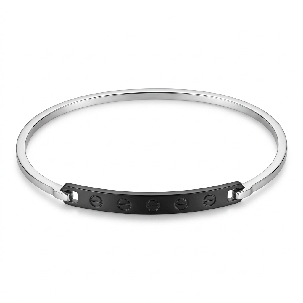 Studio-style product photo of your silver-tone and black bangle