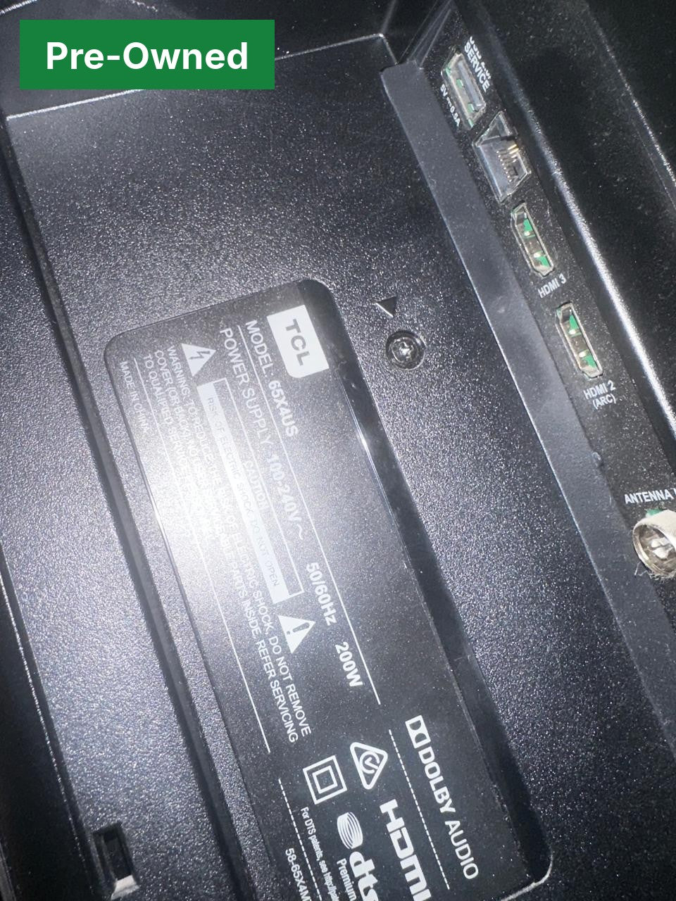 Real photo of the TCL 65X4US back panel and ports