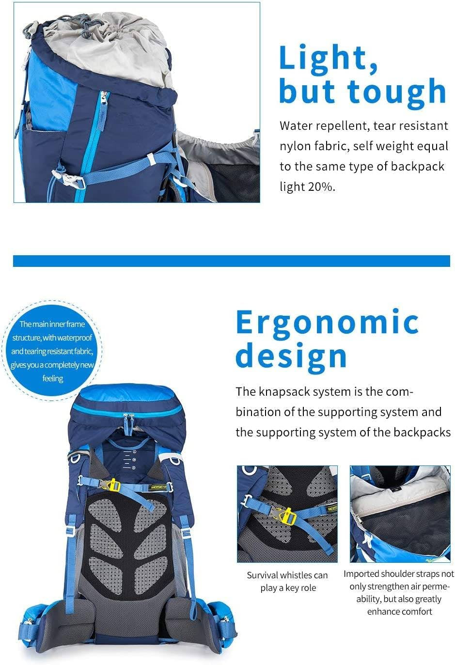 AMEISEYE 65L blue hiking backpack with the internal frame  High-performance backpack for hiking, 65L capacity, blue color  AMEISEYE internal frame backpack, blue, 65 liters. AMEISEYE 65L internal frame backpack in a vibrant blue color, perfect for high-performance outdoor activities like hiking. Blue hiking backpack, 65L, internal frame, AMEISEYE  High-performance backpack, hiking, camping, backpacking, AMEISEYE, 65 liters