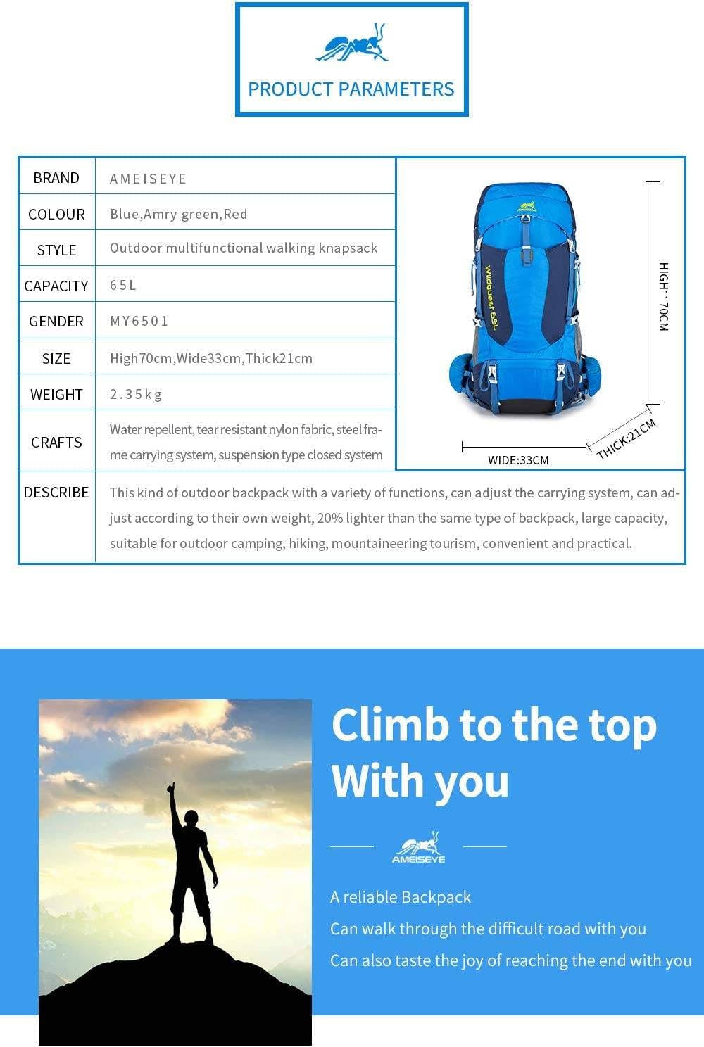 AMEISEYE 65L blue hiking backpack with the internal frame  High-performance backpack for hiking, 65L capacity, blue color  AMEISEYE internal frame backpack, blue, 65 liters. AMEISEYE 65L internal frame backpack in a vibrant blue color, perfect for high-performance outdoor activities like hiking. Blue hiking backpack, 65L, internal frame, AMEISEYE  High-performance backpack, hiking, camping, backpacking, AMEISEYE, 65 liters