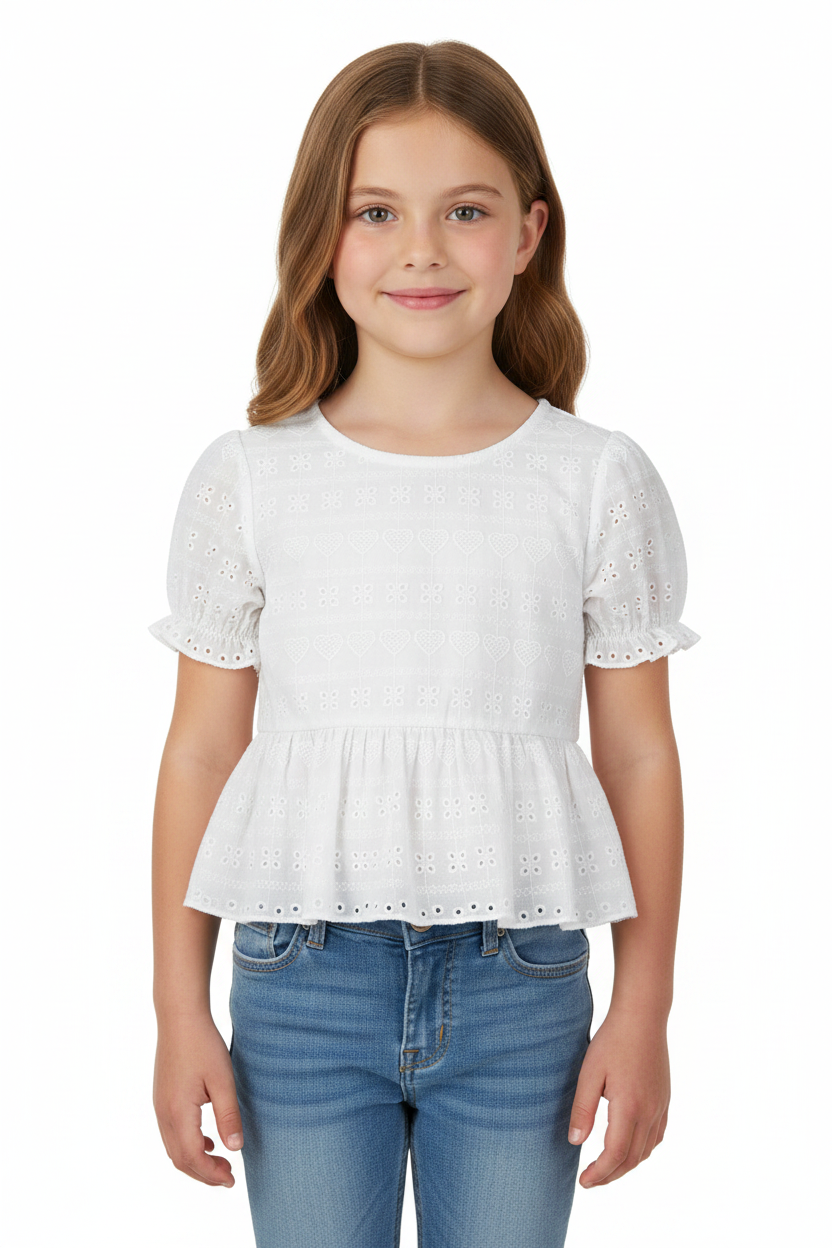 White Heart Eyelet Top - Girl Front