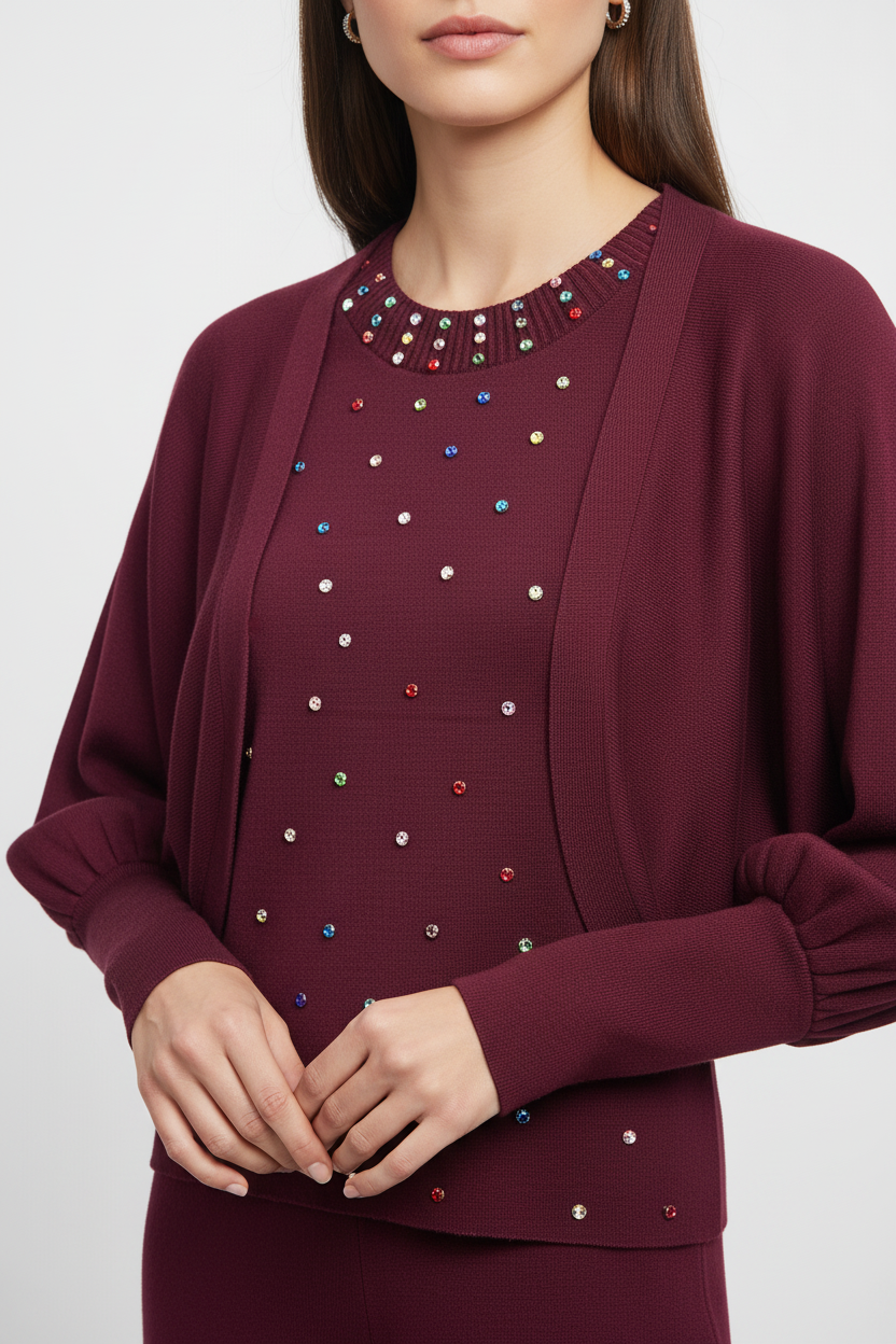 Woman in Burgundy Knit Set - Detail