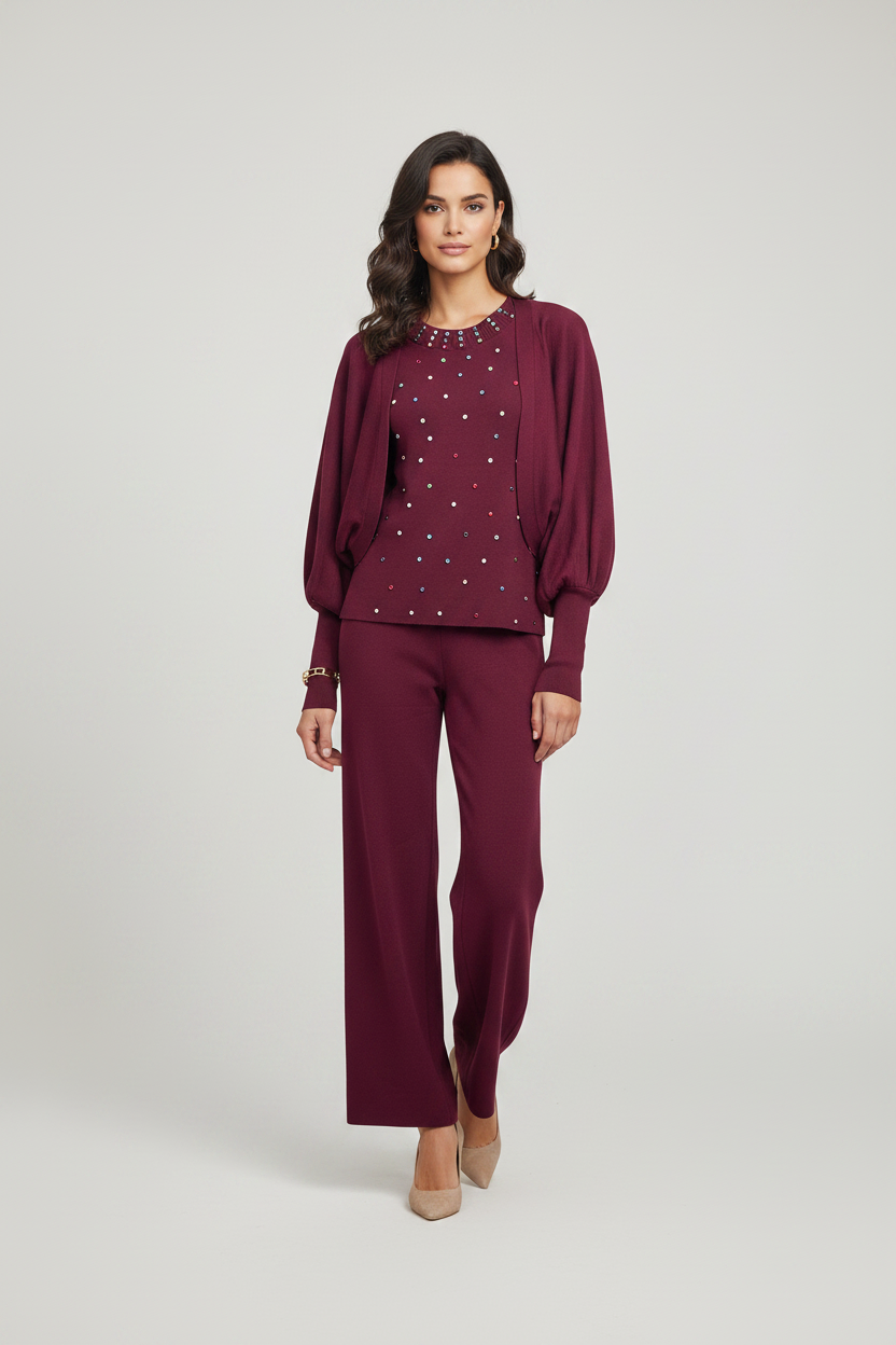 Woman in Burgundy Knit Set - Full Body