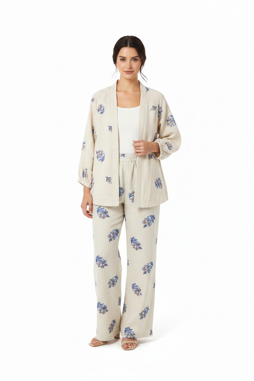 Woman in Cream Floral Co-ord Set
