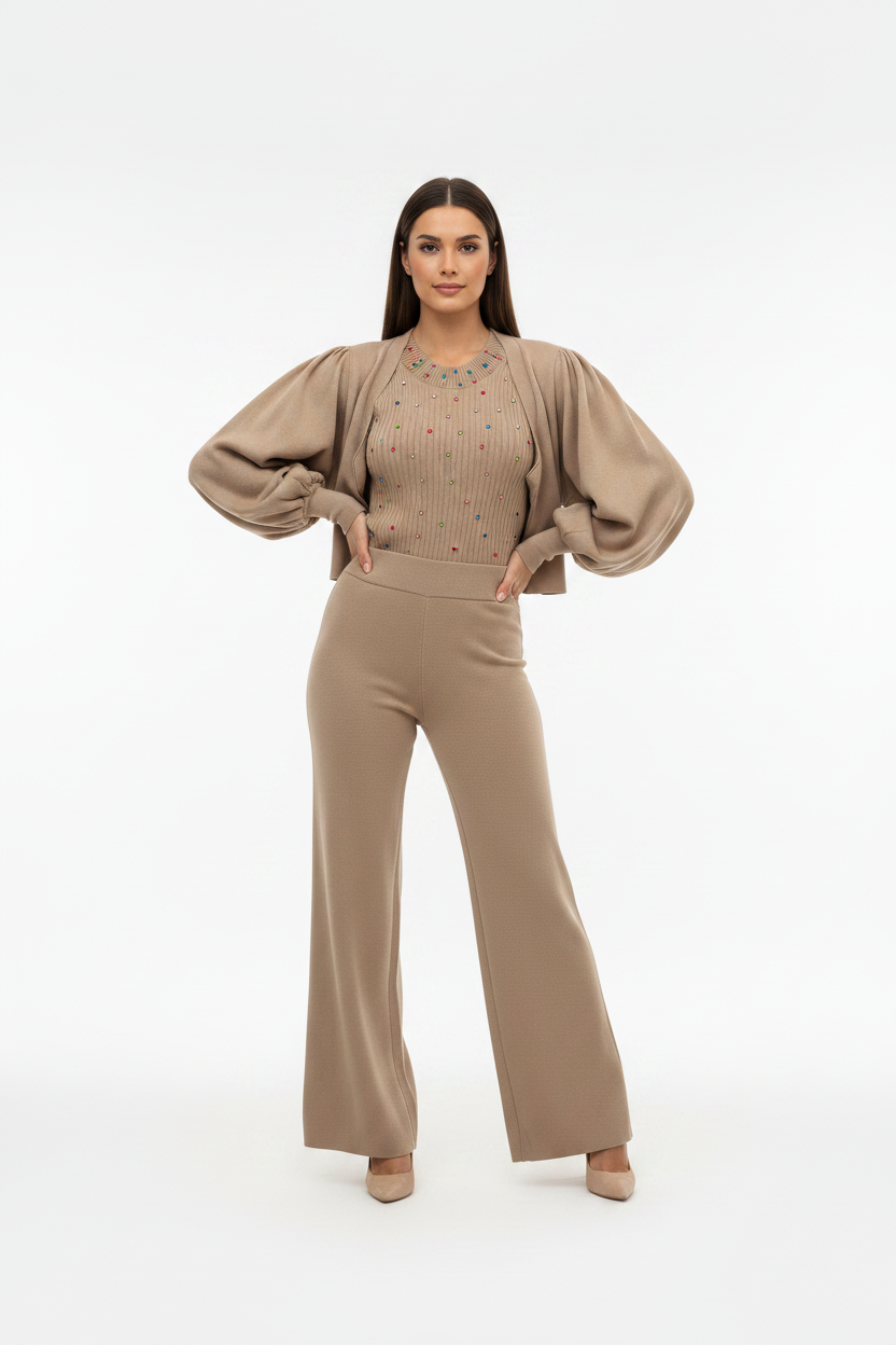 Woman Wearing Beige Knit Set