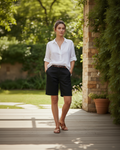 Woman Wearing Black Linen Shorts
