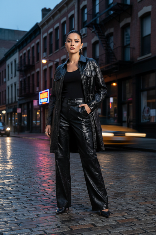 Woman wearing black shiny outfit urban