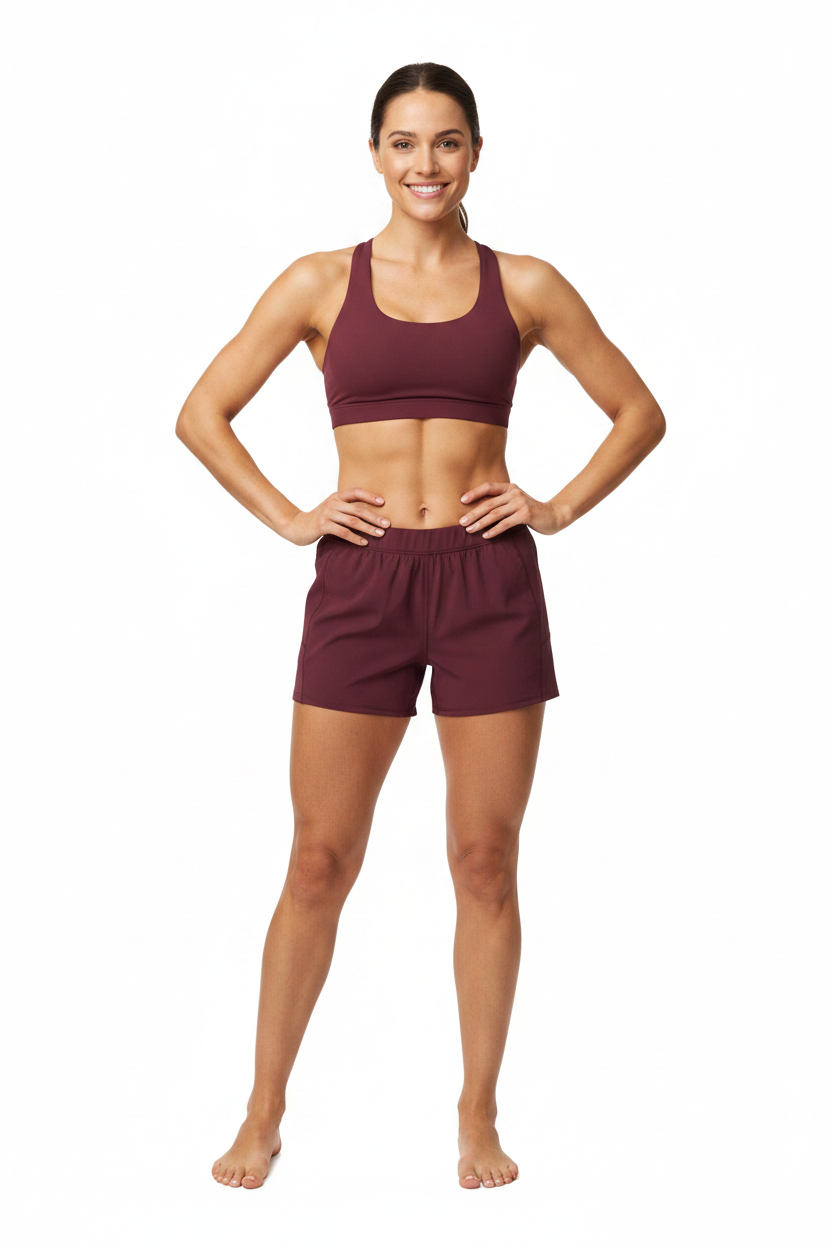 Woman Wearing Burgundy Shorts Front