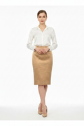 Woman wearing camel pencil skirt - front corrected