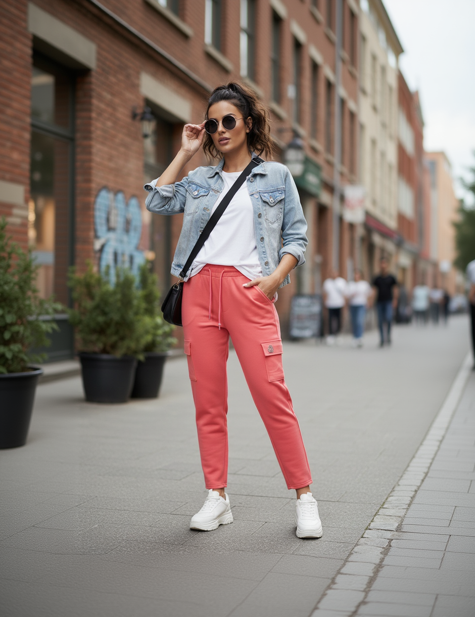 Woman wearing coral cargo joggers - lifestyle