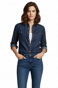 Woman wearing denim shirt