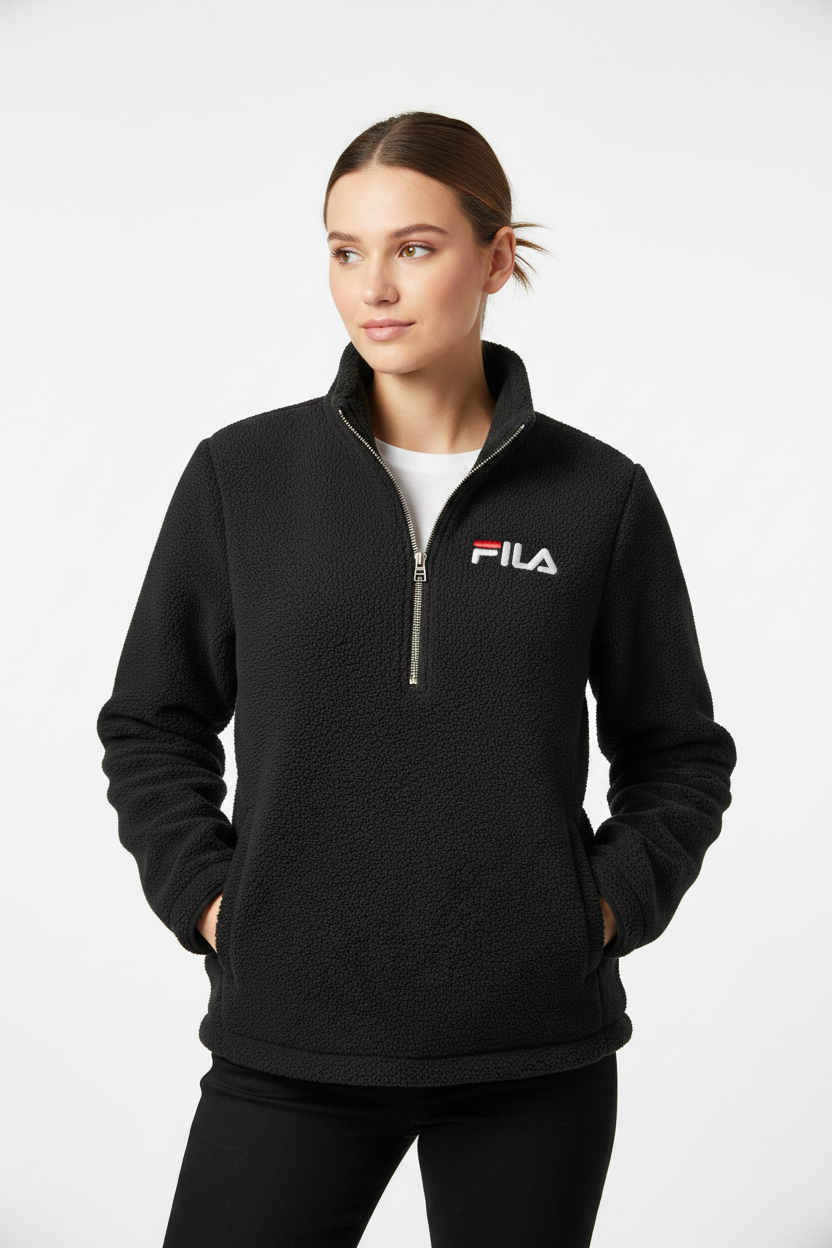 Woman wearing FILA sherpa half-zip front