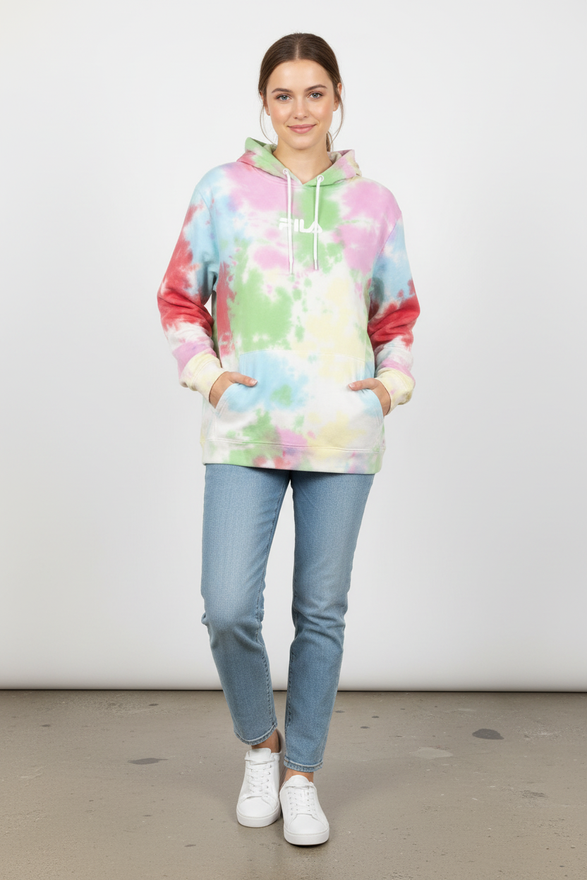Woman wearing FILA Splatter Tie-Dye Hoodie