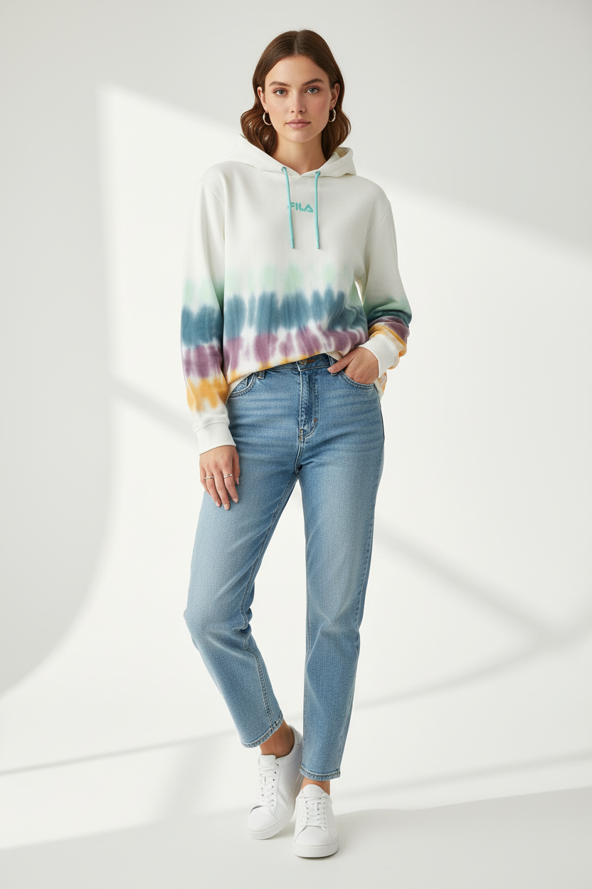 Woman wearing FILA Tie-Dye Hoodie