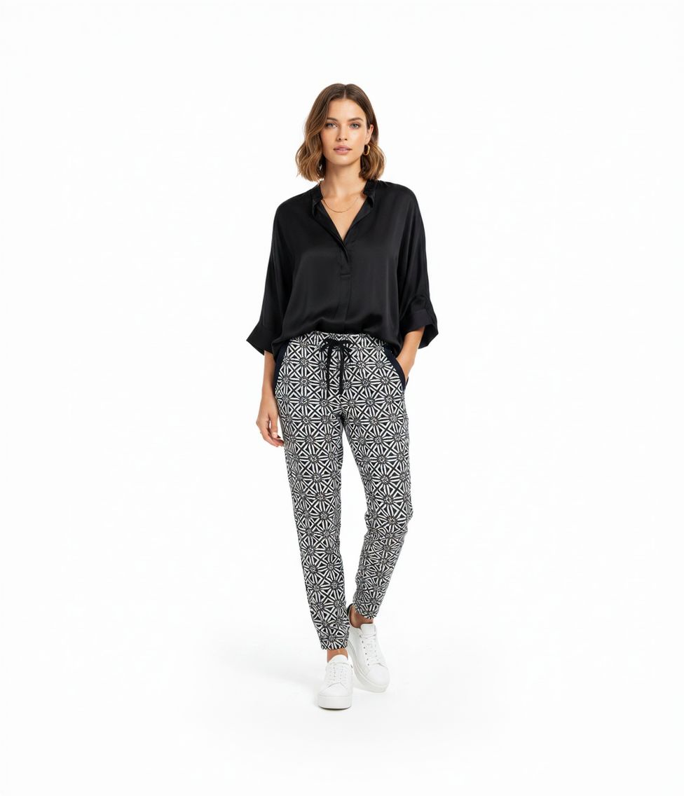 Woman wearing geometric pants – front