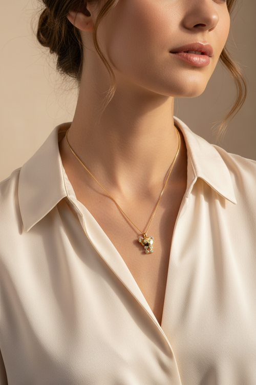 Woman Wearing Guess Bear Necklace