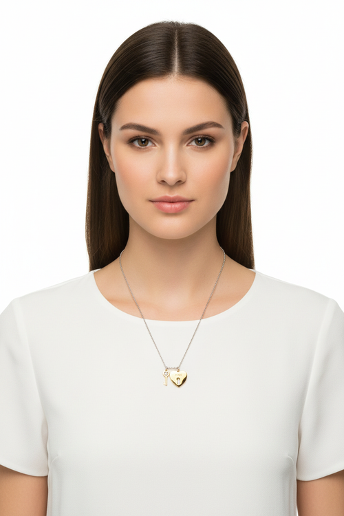 Woman wearing Guess necklace - White top