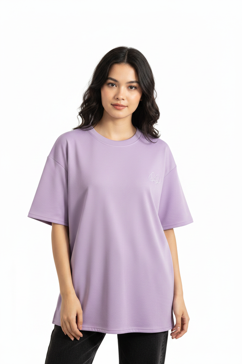 Woman wearing lavender tee
