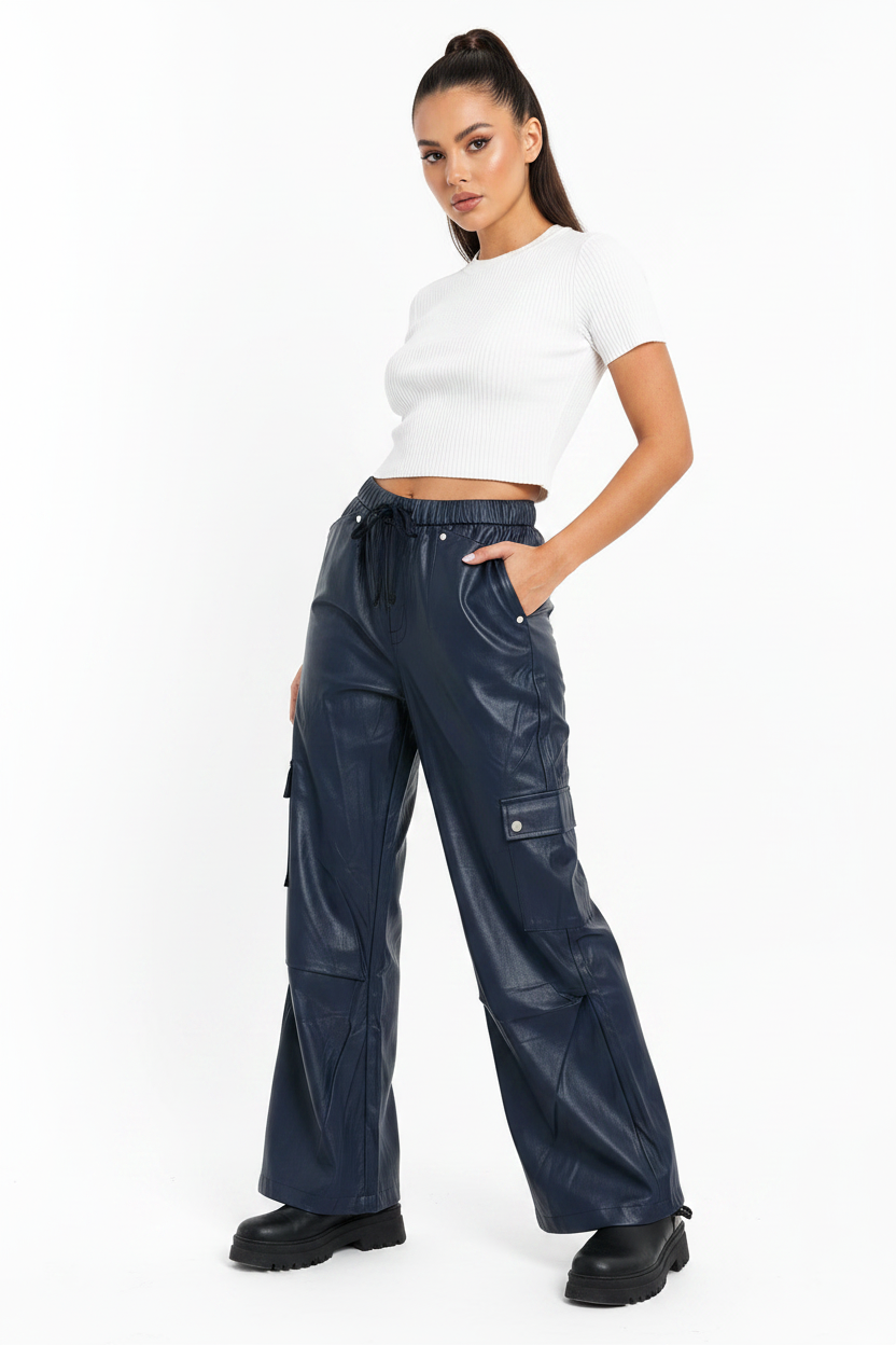 Woman wearing navy cargo pants