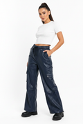 Woman wearing navy cargo pants
