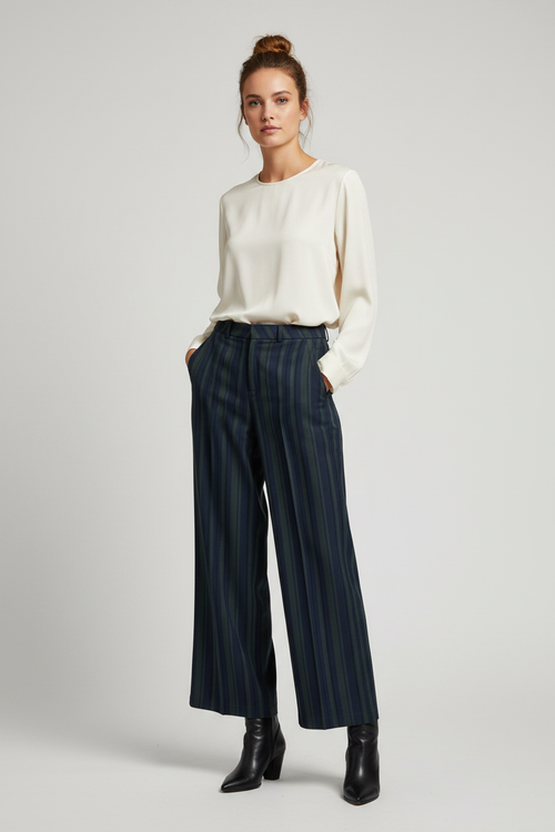 Woman wearing navy striped trousers