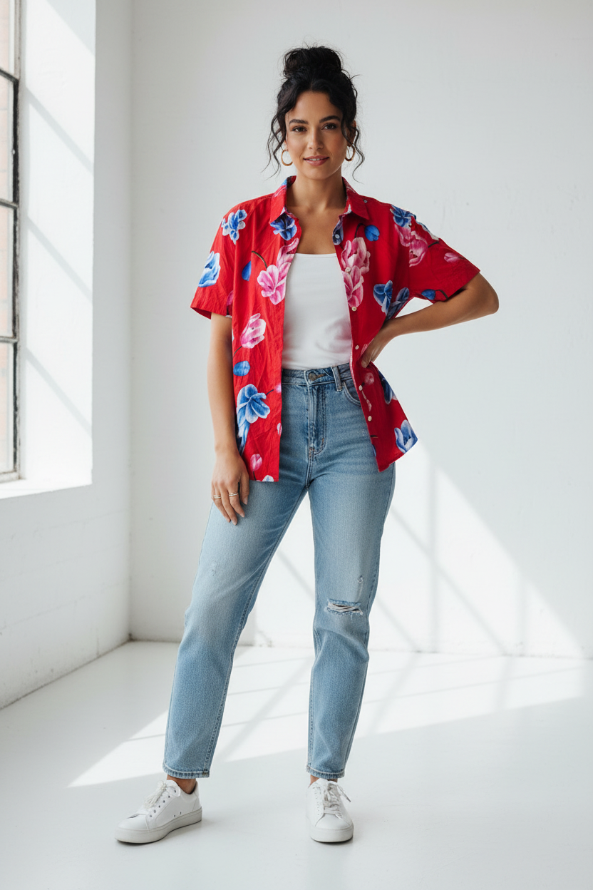Woman wearing red floral shirt
