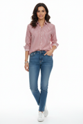 Woman wearing red stripe shirt