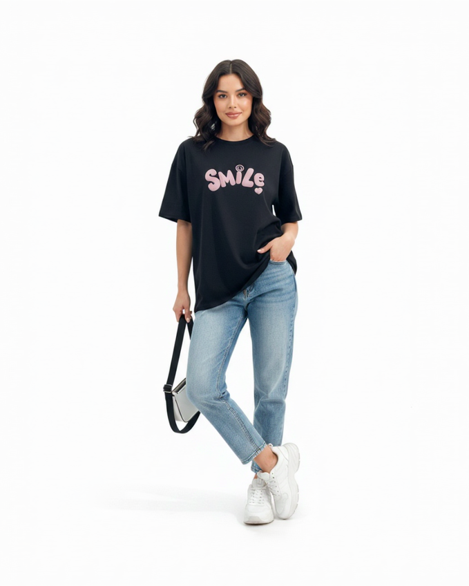 Woman wearing SMILE t-shirt