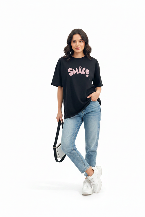 Woman wearing SMILE t-shirt