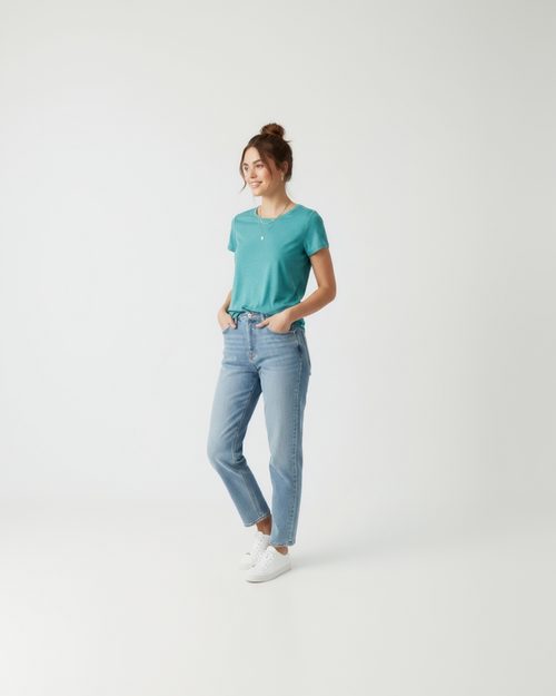Woman wearing teal t-shirt