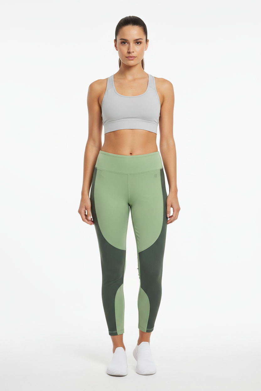 Woman wearing two-tone green leggings - Front